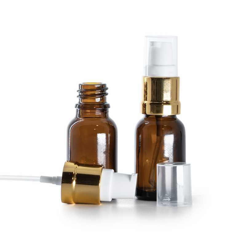 Ambre Glasflasche, glänzende gold-weiße Pumpe, 15 ml