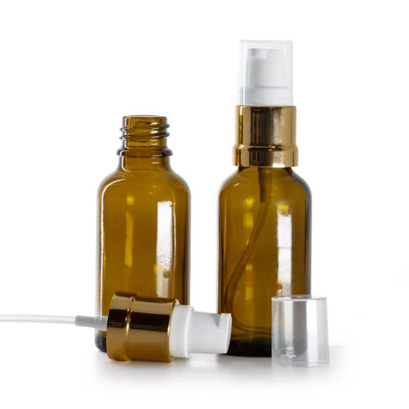 Ambre Glasflasche, glänzende gold-weiße Pumpe, 30 ml