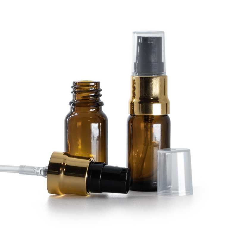 Bernsteinglasflasche, glänzende gold-schwarze Pumpe mit klarer Überkappe, 10 ml
