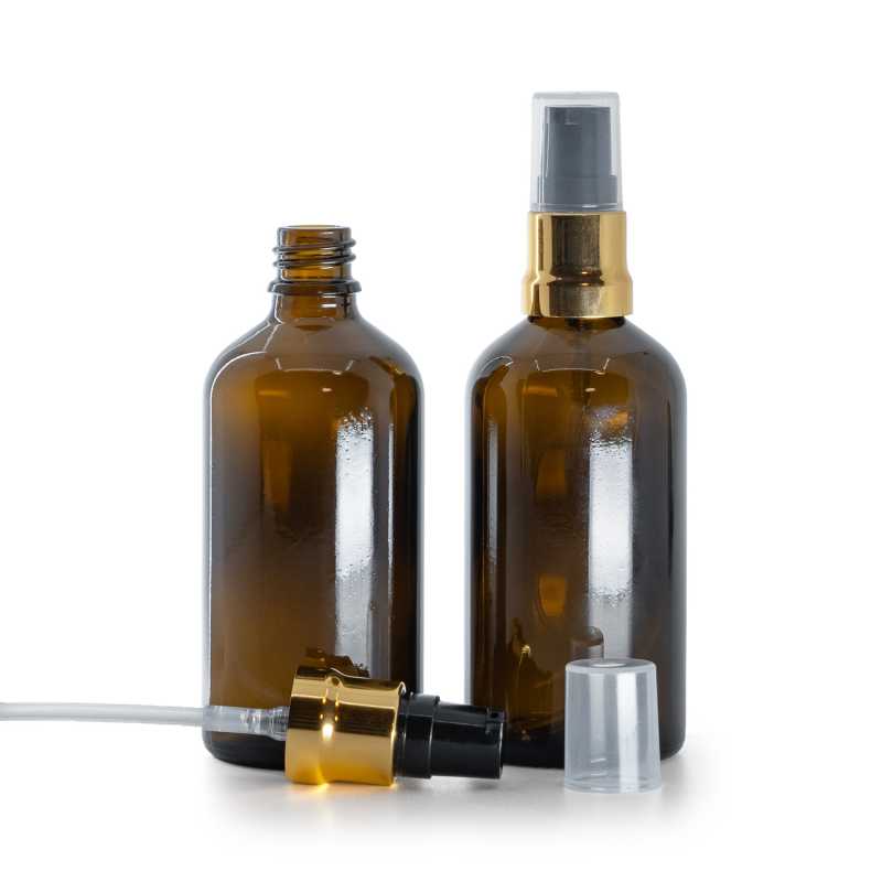 Bernsteinglasflasche, glänzende gold-schwarze Pumpe mit klarer Kappe, 100 ml