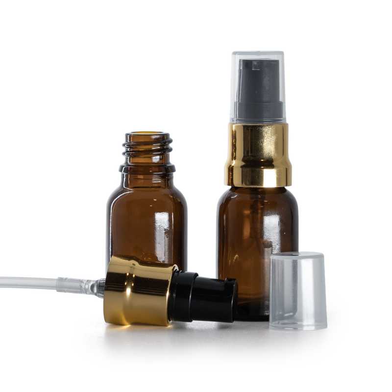 Bernsteinglasflasche, glänzende gold-schwarze Pumpe mit klarer Überkappe, 15 ml