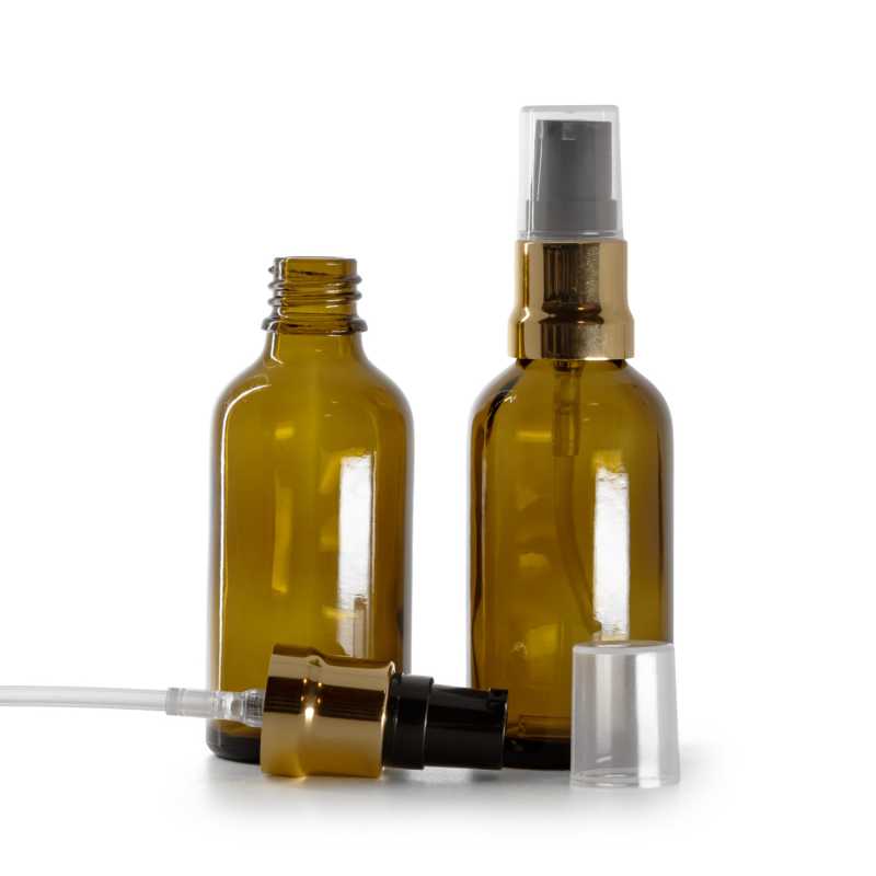 Bernsteinglasflasche, glänzende gold-schwarze Pumpe mit klarer Kappe, 50 ml