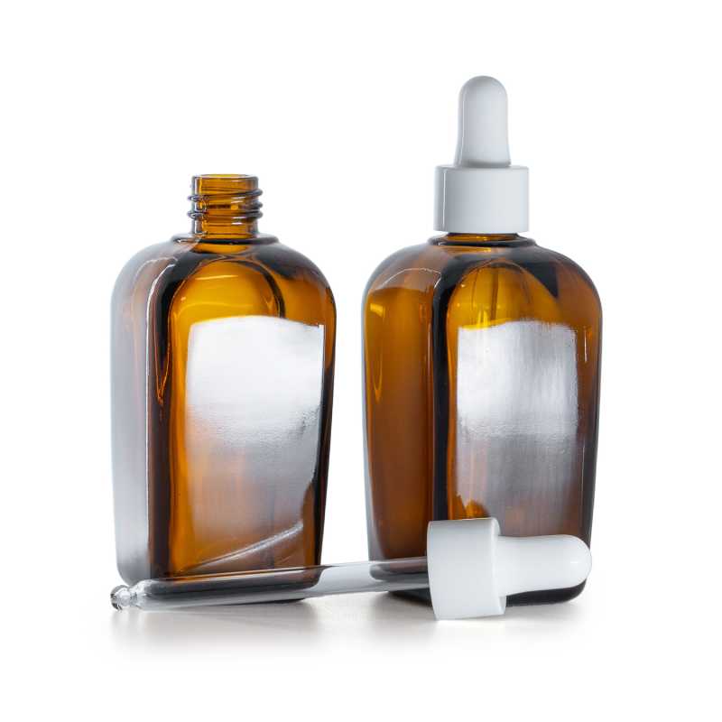 Quadratische Braunglasflasche, glänzender weißer Tropfer, 90 ml