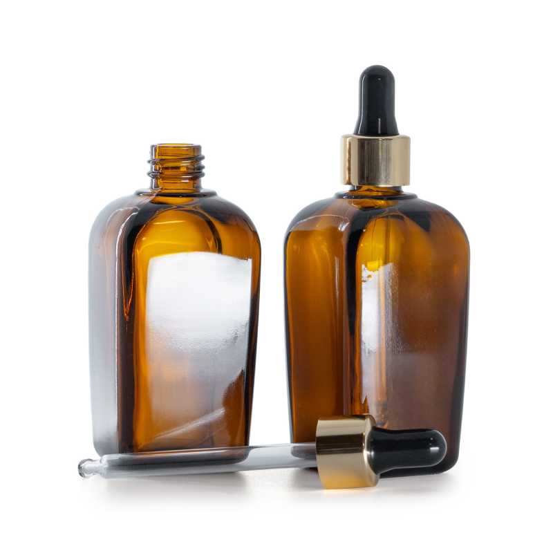 Quadratische Braunglasflasche, gold-schwarzer Tropfenzähler, 90 ml