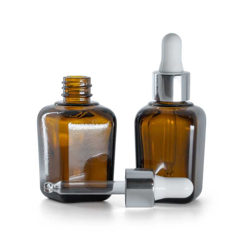 Braune quadratische Glasflasche, Glanz-silberner Pipettenverschluss, 30 ml
