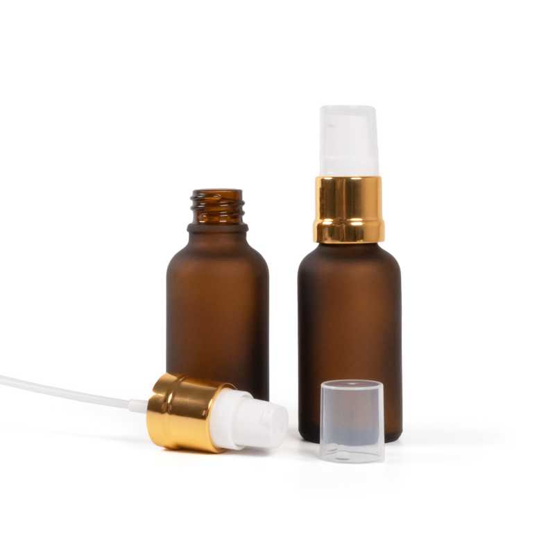 Bernsteinfarbene Mattglasflasche, glänzende goldweiße Pumpe, 30 ml