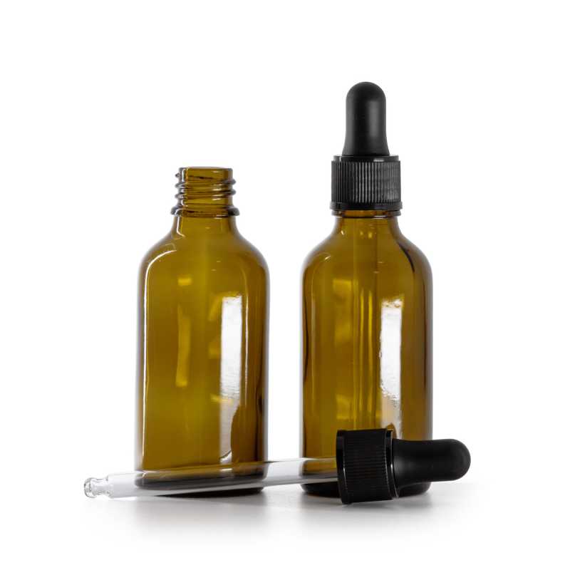 Braunglasflasche, mattschwarzer Tropfenzähler, 50 ml
