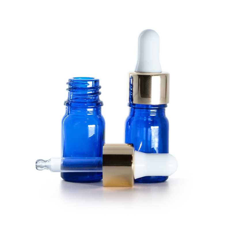 Blaue Glasflasche, goldweißer Tropfer, 5 ml