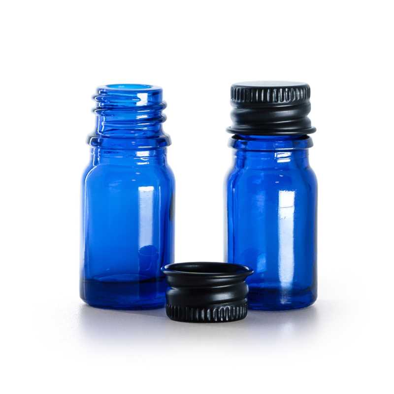 Blaue Glasflasche, schwarzer Aluminiumdeckel, 5 ml