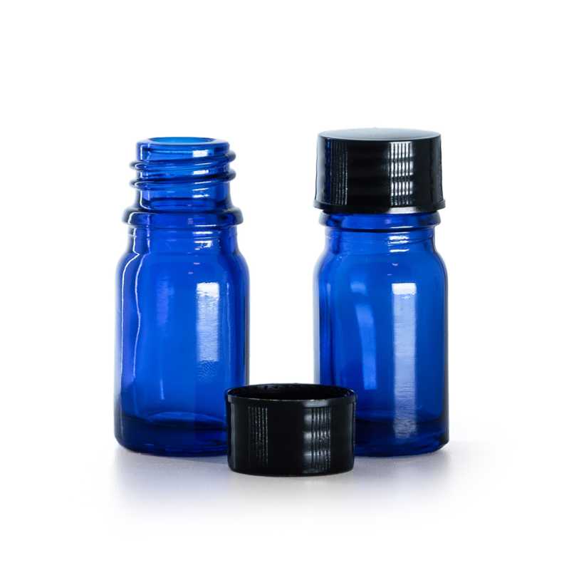 Blaue Glasflasche, schwarzer Verschluss, 5 ml