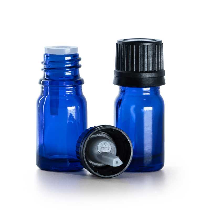 Blaue Glasflasche, schwarze Kappe & Tropfer 5 ml