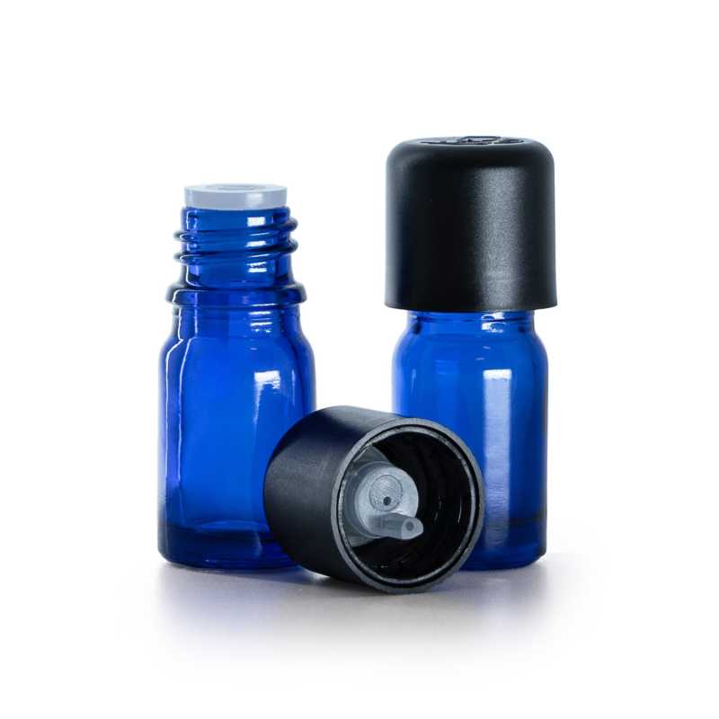 Blaue Glasflasche, schwarze Sicherheitsverschlusskappe und Tropfer, 5 ml