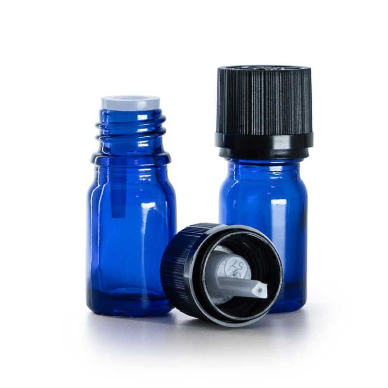 Blaue Glasflasche, schwarze Sicherheitskappe & Tropfer 5 ml