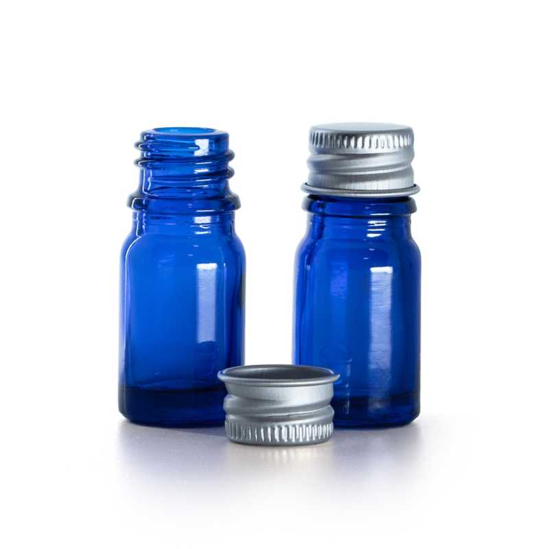 Blaue Glasflasche, silberne Aluminiumkappe, 5 ml