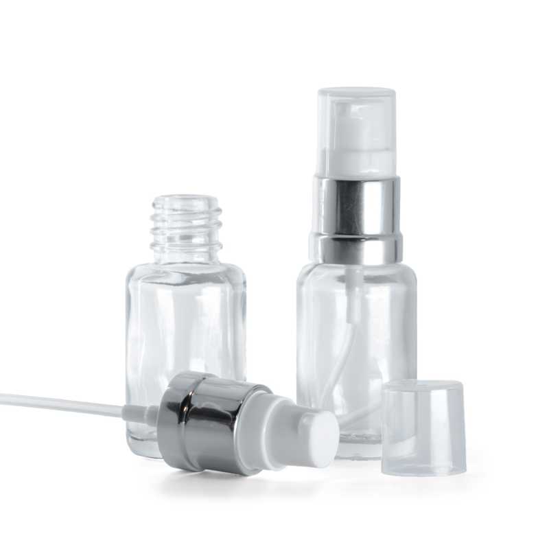 Klarglasflasche, rund, glänzend silberweiße Pumpe, 12 ml