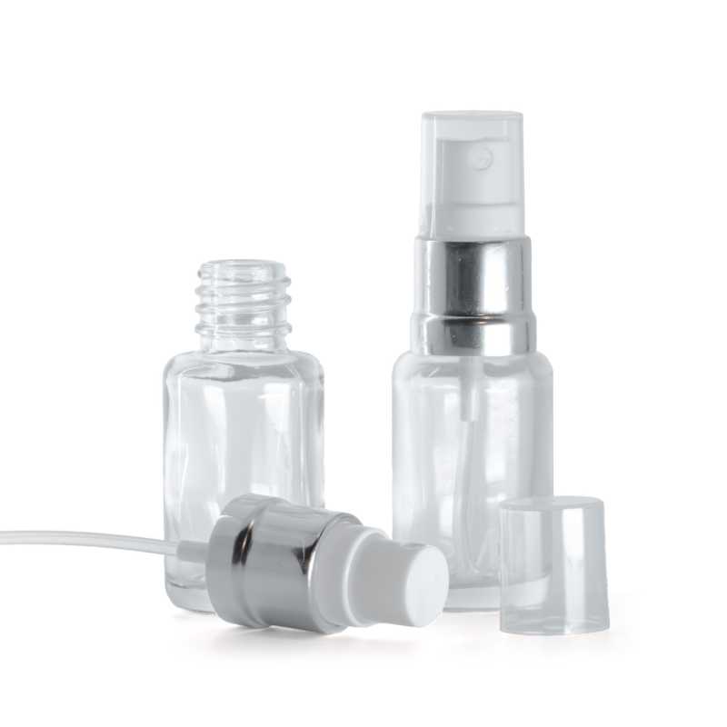 Klarglasflasche, rund, glänzend silberweißes Spray, 12 ml