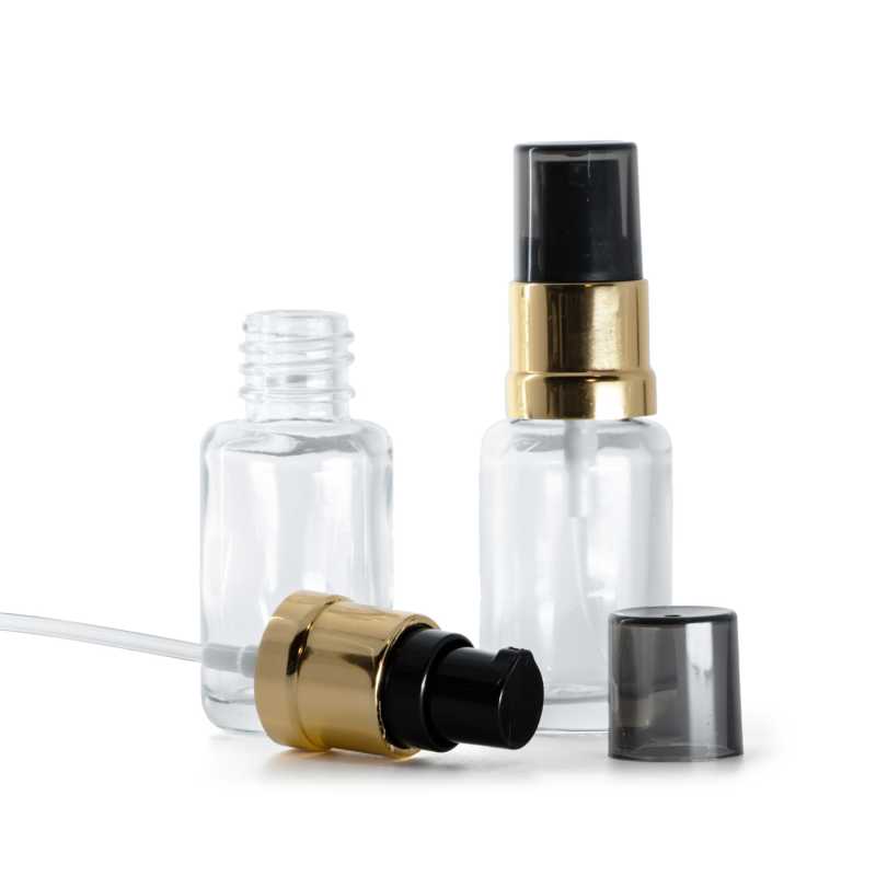 Klare Glasfläschchen, rund, glänzende schwarz-goldene Pumpe mit rauchfarbener Überkappe, 12 ml