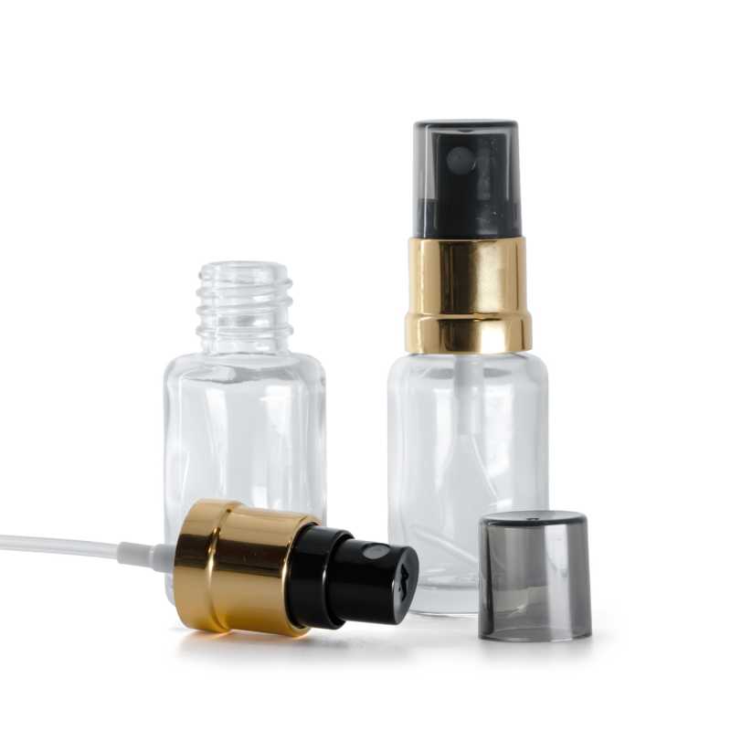 Klares Glasfläschchen, schwarzer und goldfarbener Zerstäuber, rauchfarbene Überkappe, 12 ml