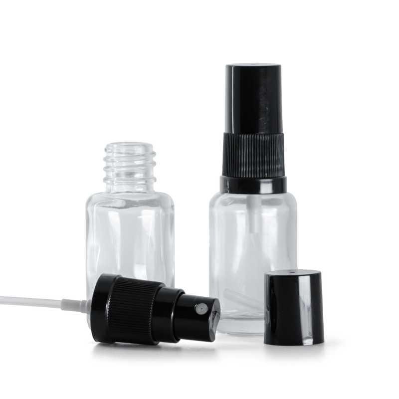 Klarglasflasche, rund, schwarzer Feinzerstäuber, schwarzer Überkappe, 12 ml