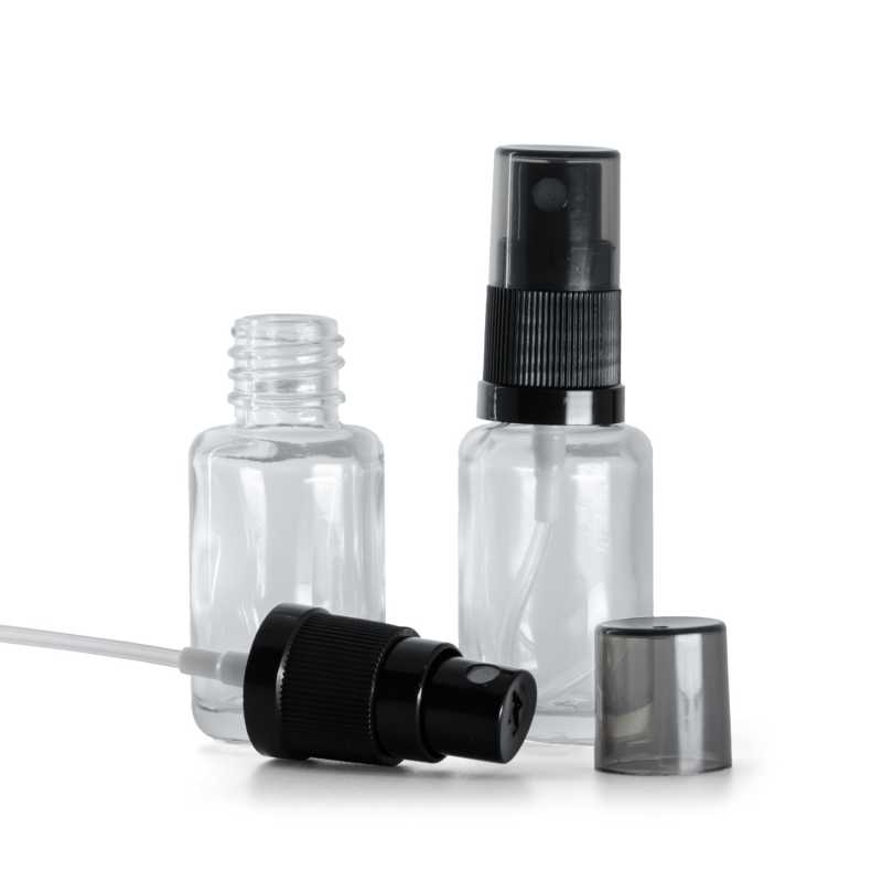 Klares Glasfläschchen, rund, schwarzer Sprühzerstäuber, rauchfarbene Überkappe, 12 ml