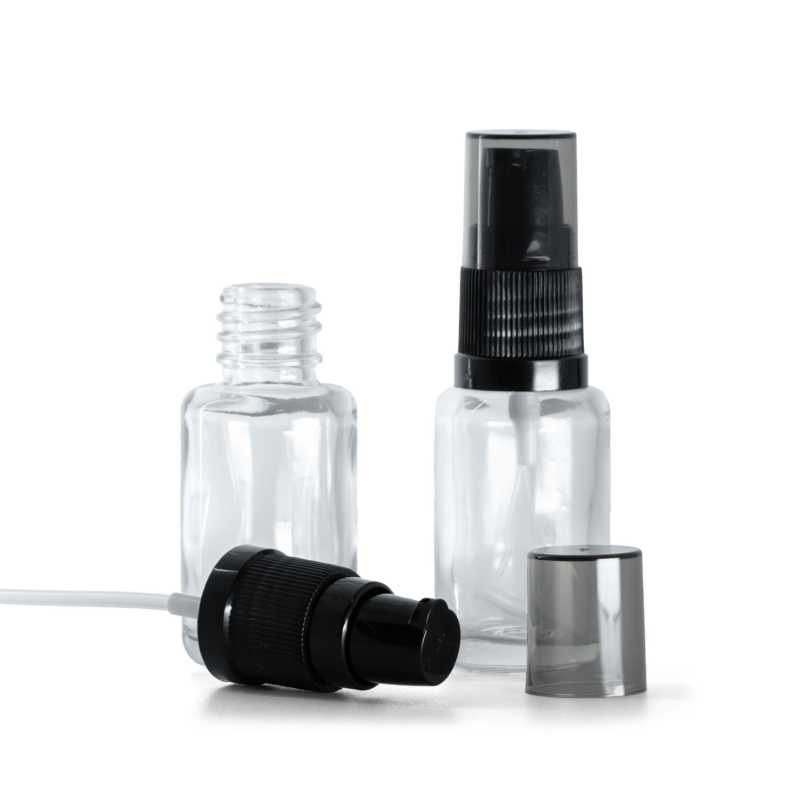 Klarglasfläschchen, rund, Lotionpumpe mit rauchfarbener Überkappe, 12 ml