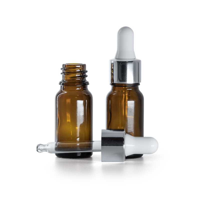 Braunglasflasche, silberglänzende weiße Pipette, 10 ml