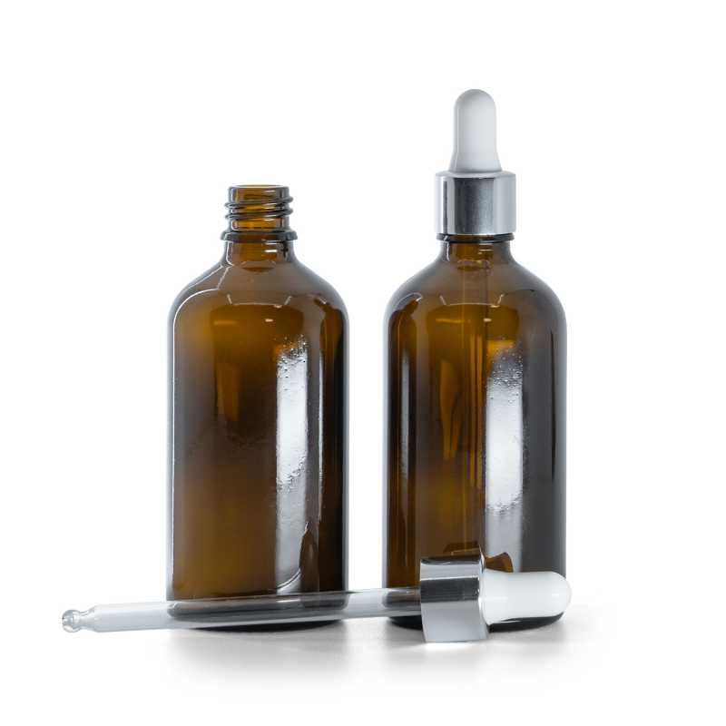 Bernsteinglasflasche, silberglänzende weiße Pipette, 100 ml