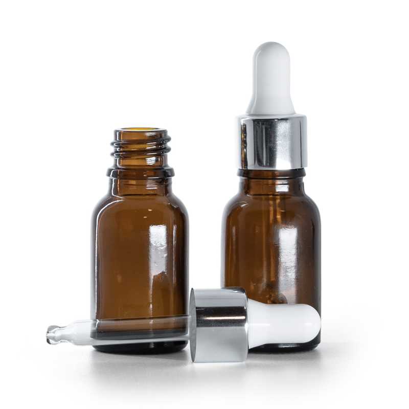 Braunglasflasche, silberglänzende weiße Pipette, 15 ml