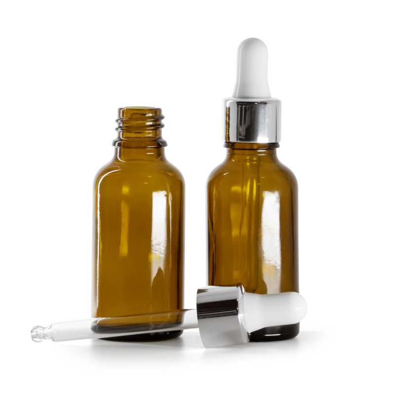 Braunglasflasche, silberglänzende weiße Pipette, 30 ml