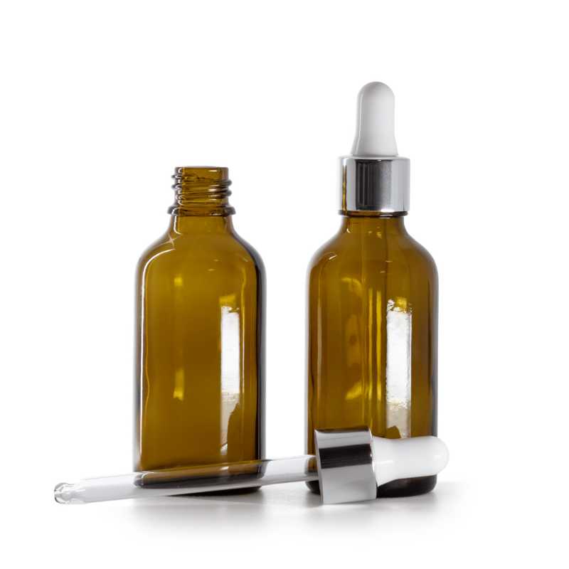 Bernsteinglasflasche, silberglänzende weiße Pipette, 50 ml