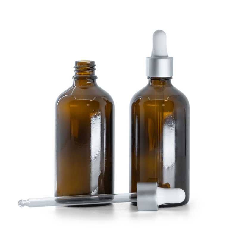 Bernsteinglasflasche, mattsilberne Pipette, 100 ml