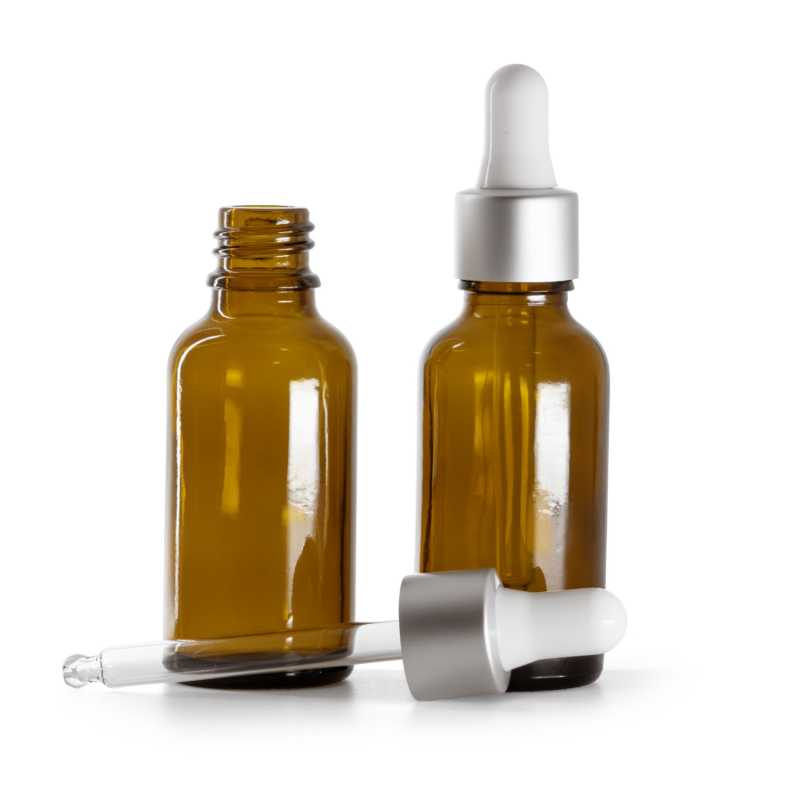 Braunglasflasche, mattsilberne weiße Pipette, 30 ml