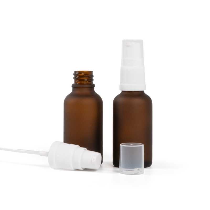 Bernsteinfarbene Mattglasflasche, weiße Lotionpumpe, 30 ml
