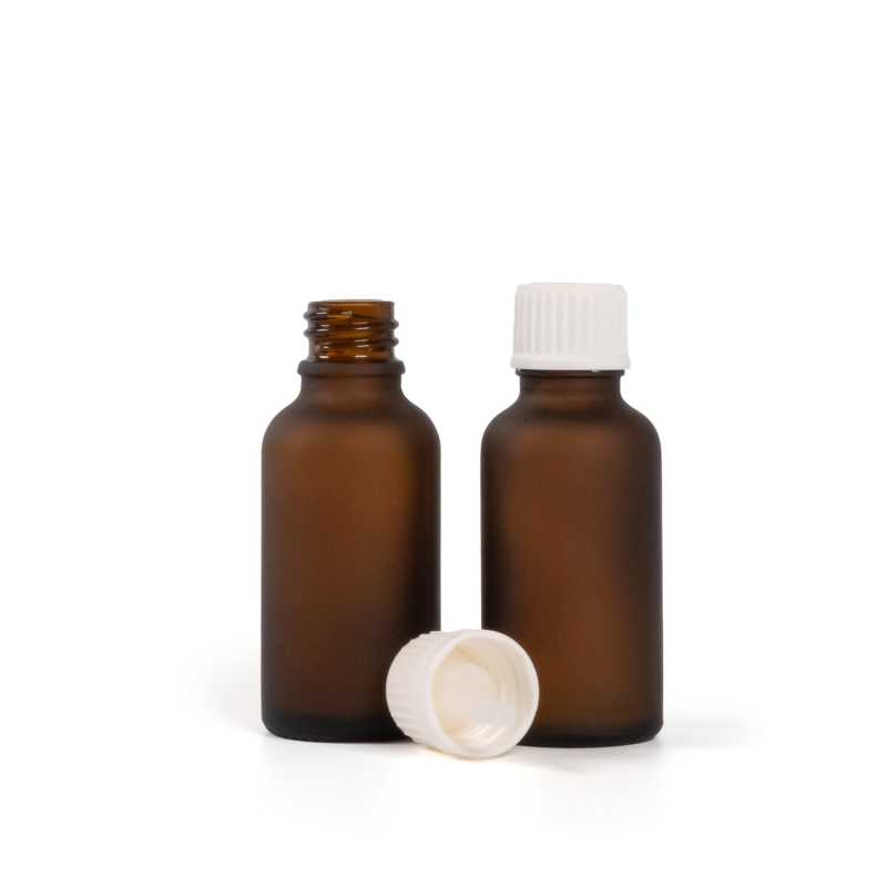 Braunglasflasche, weißer Originalitätsverschluss und Tropfer, 30 ml, mattiert