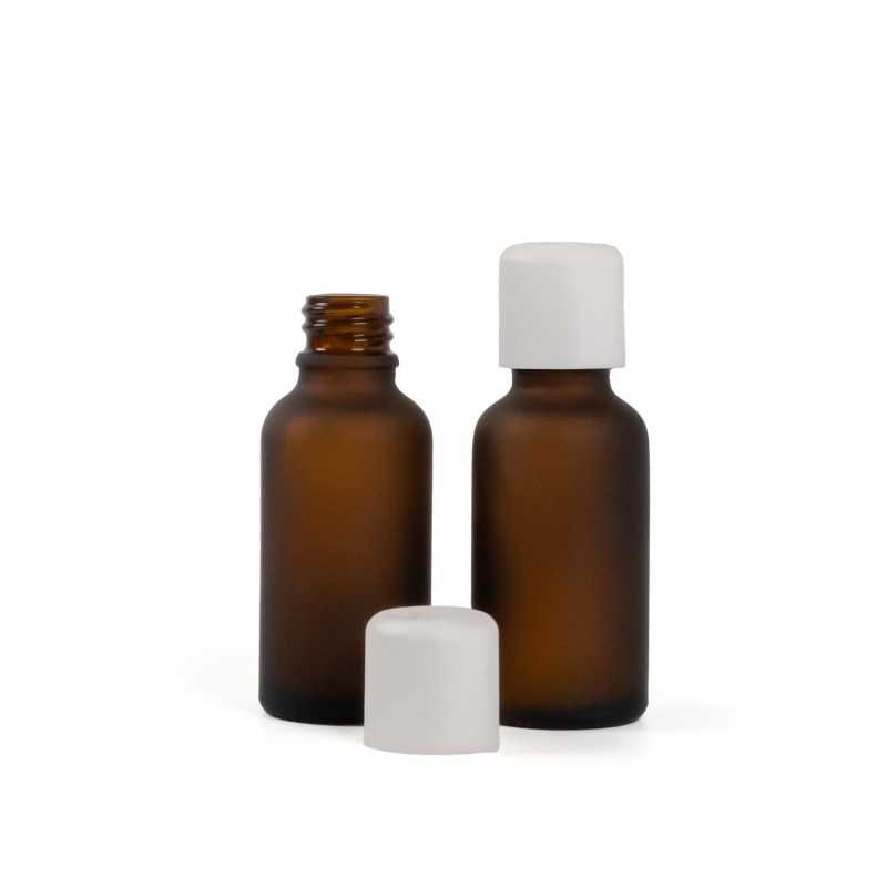 Braunglasflasche, mattiert, weiße Sicherheitskappe und Tropfer, 30 ml