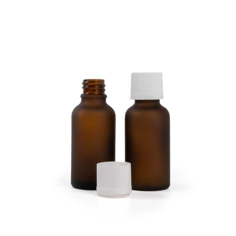 Braunglasflasche aus mattem Glas, weiße Sicherheitsverschlusskappe und Tropfer, 30 ml