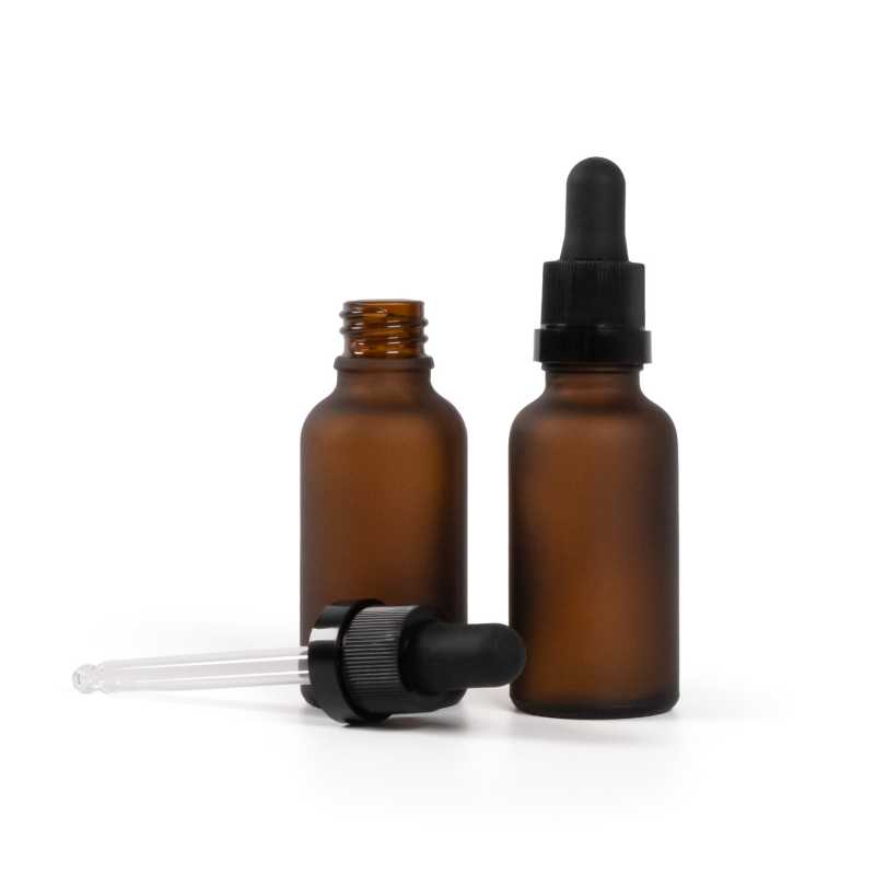 Bernsteinfarbene Mattglasflasche, mattschwarzer Tropfer mit glänzendem Streifen, 30 ml