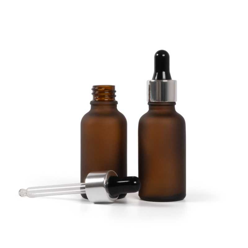 Bernsteinfarbene Mattglasflasche, glänzender silber-schwarzer Tropfenzähler, 30 ml