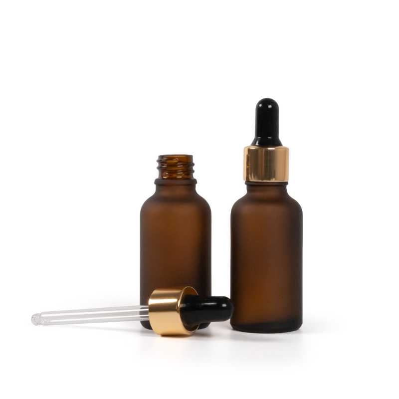 Bernsteinfarbene Mattglasflasche, Goldschwarzer Tropfer, 30 ml