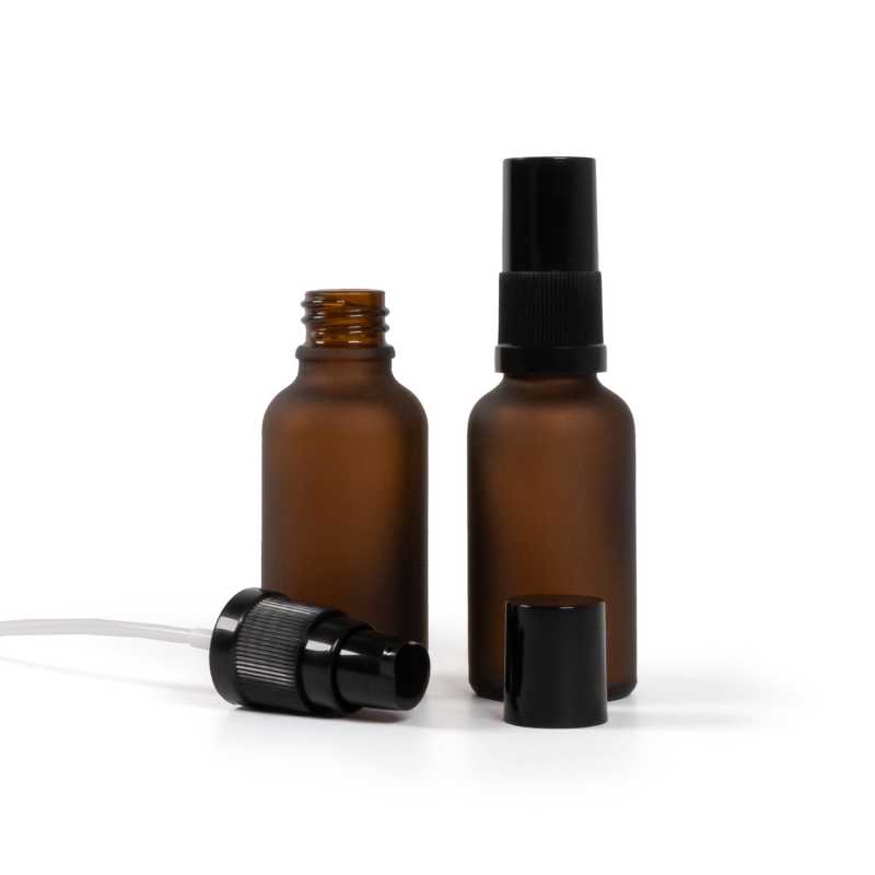Bernsteinfarbene Mattglasflasche, schwarze Lotionpumpe mit schwarzer Kappe, 30 ml
