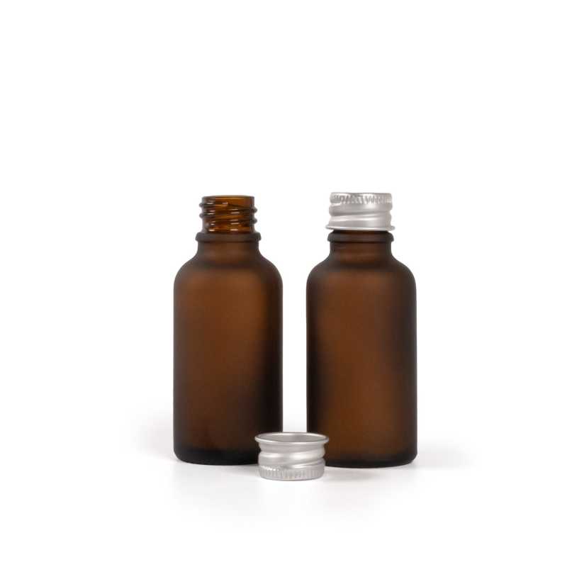 Bernsteinfarbene Mattglasflasche, silberner Aluminiumverschluss, 30 ml