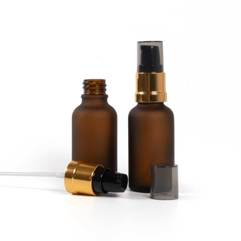 Matte Glasfläschchen, braun, glänzender schwarz-goldener Dispenser mit rauchfarbener Überkappe, 30 m