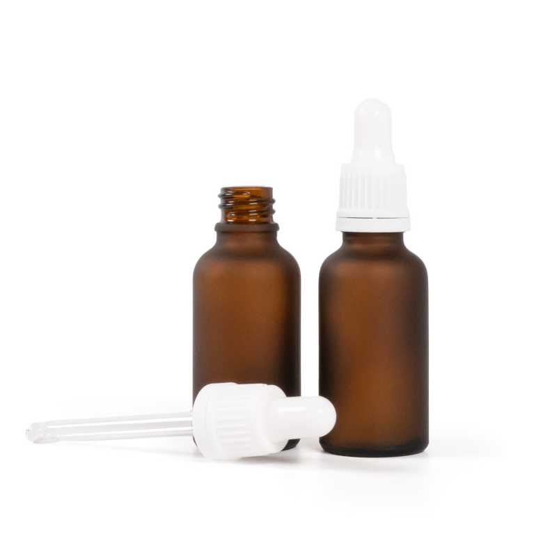 Bernsteinfarbene Mattglasflasche, weißer Tropfer, 30 ml