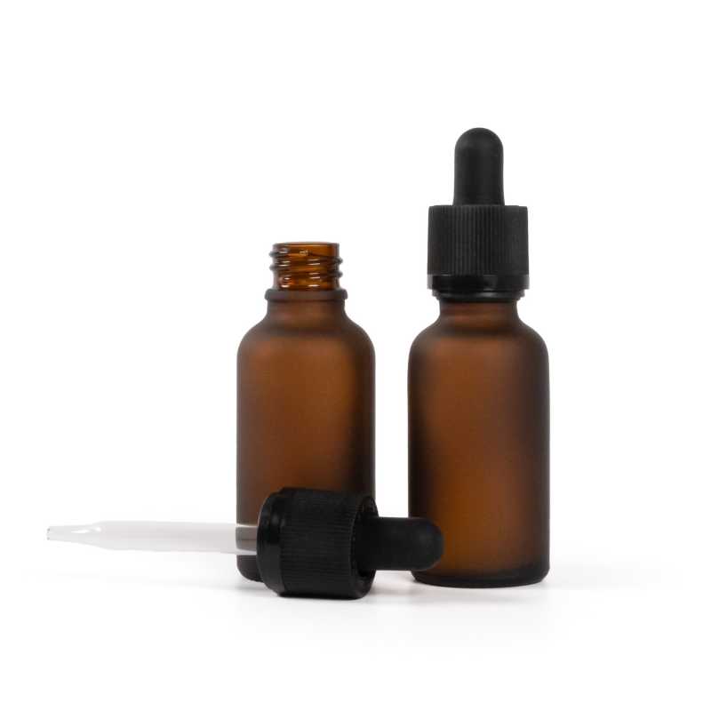 Braunglasflasche aus mattem Glas, schwarzer Sicherheitstropfer mit Manipulationssicherung, 30 ml
