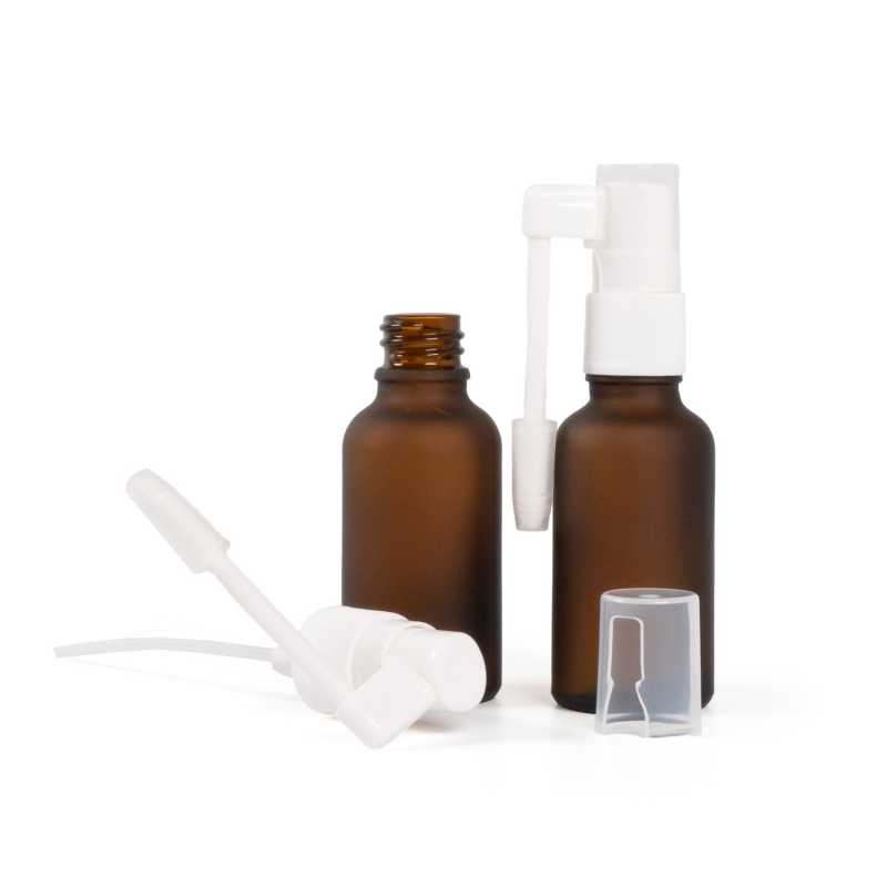 Braunglasflasche, mattiert, weißes Mundspray, 30 ml