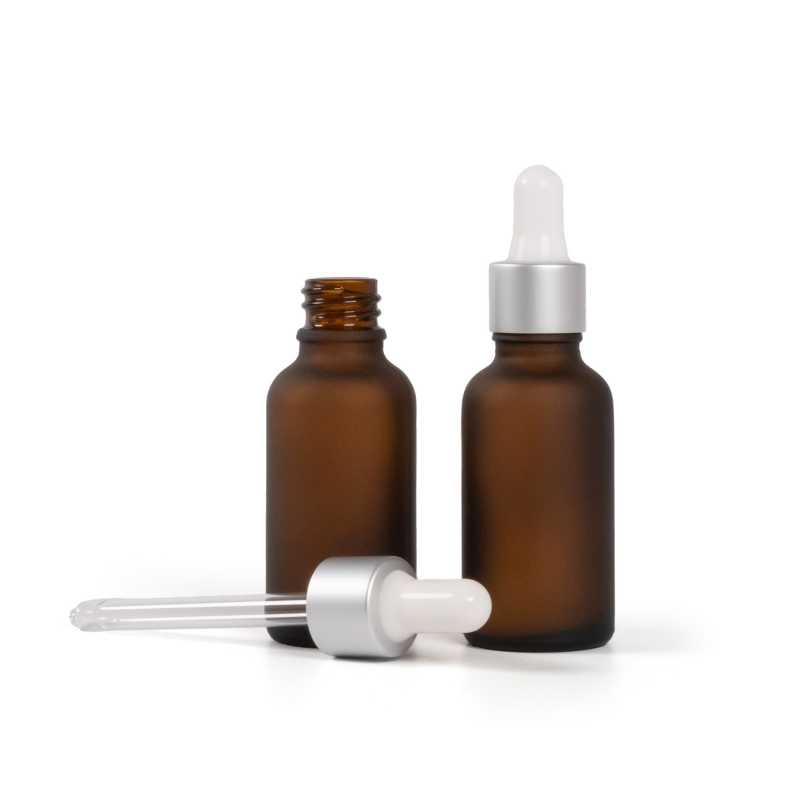 Bernsteinfarbene Mattglasflasche, mattsilberne weiße Pipette, 30 ml