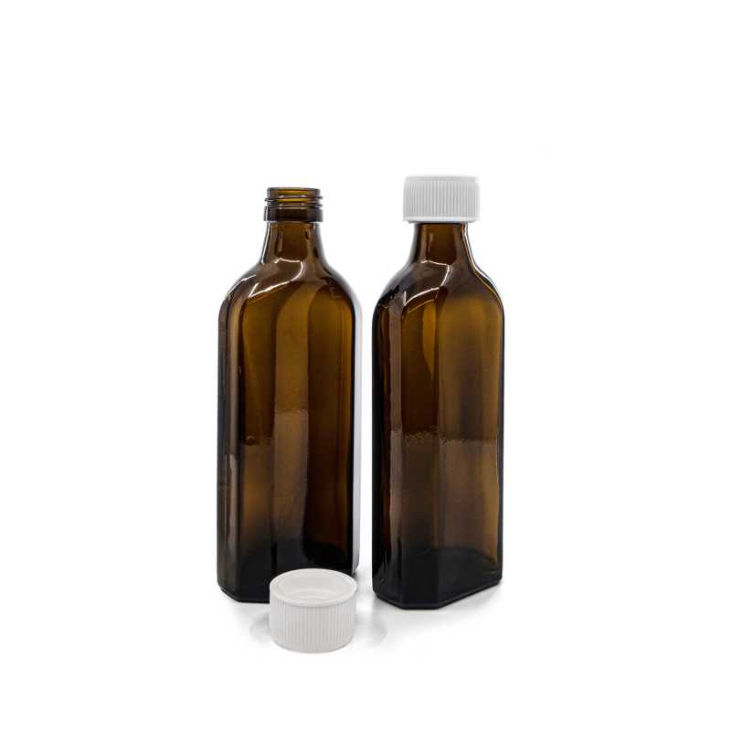 Braune Glasflasche für Medizin, rechteckig, PP28S, weißer Kindersicherheitsverschluss, 250 ml