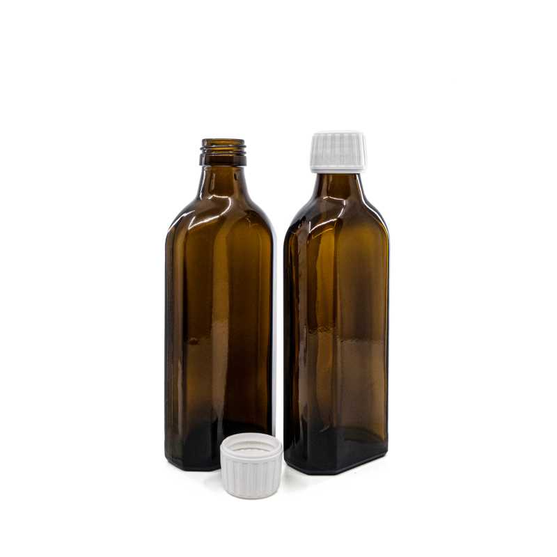 Braune Glasflasche für Arzneimittel, rechteckig, PP28S, weißer Verschluss, 250 ml