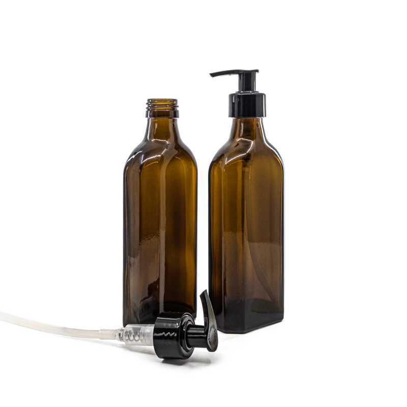 Braune Glasflasche für Arzneimittel, eckig, PP28S, schwarzer Dispenserspender, glatter Kragen, 250 m