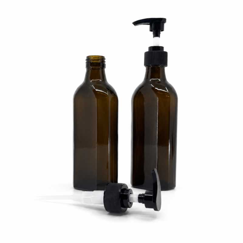Braune Glasflasche für Medizin, rechteckig, PP28S, schwarze Pumpe, gerillter Kragen, 250 ml